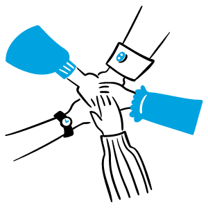 Illustration : mains d'équipe réunies au centre, symbole de collaboration